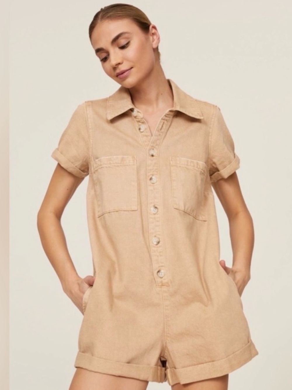 Show Me Your MuMu Neutral Tan Button-Front Short Romper